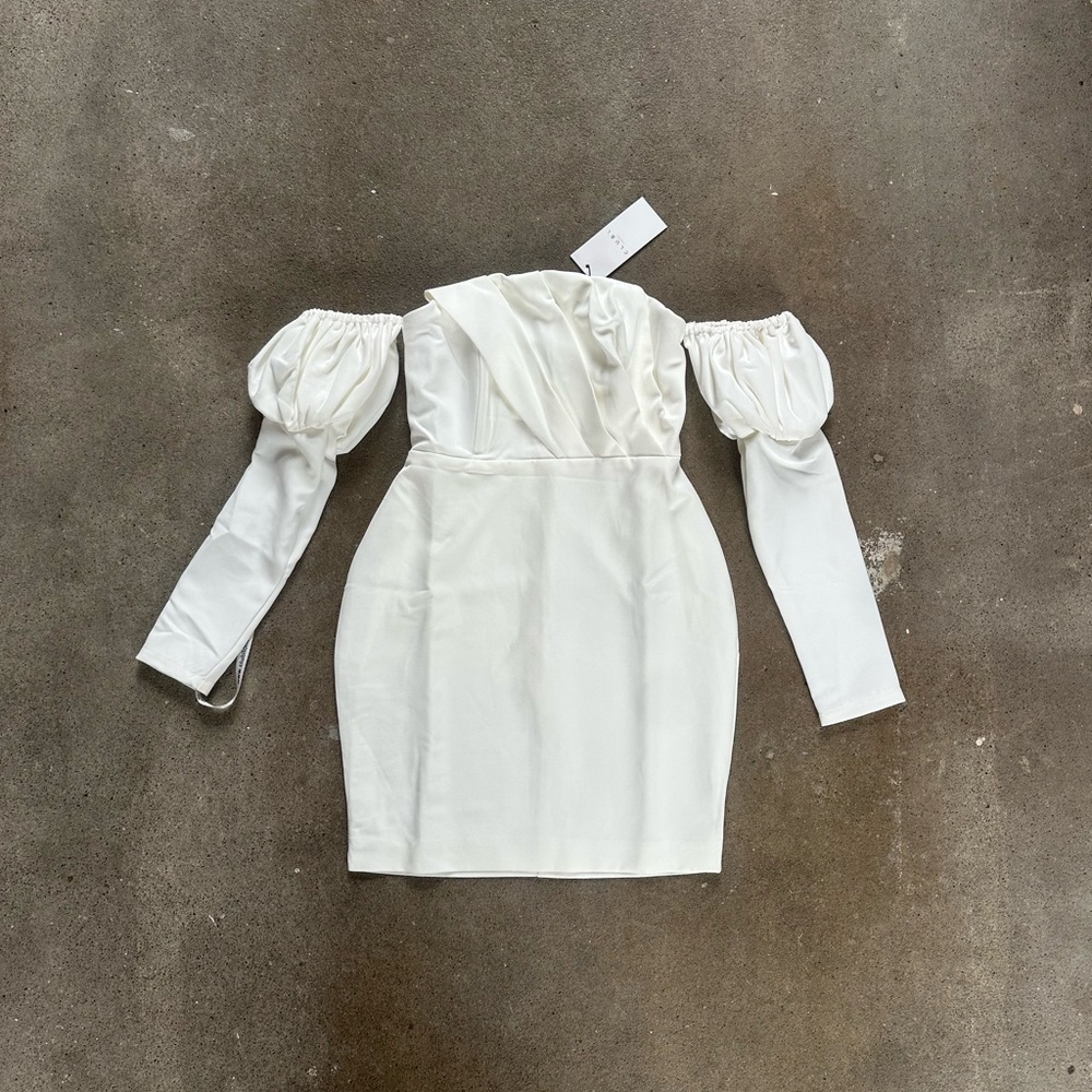 NWT Club L London Bardot Puff Long Sleeve Mini Dress White Size 4 Wedding Bride - Picture 3 of 11